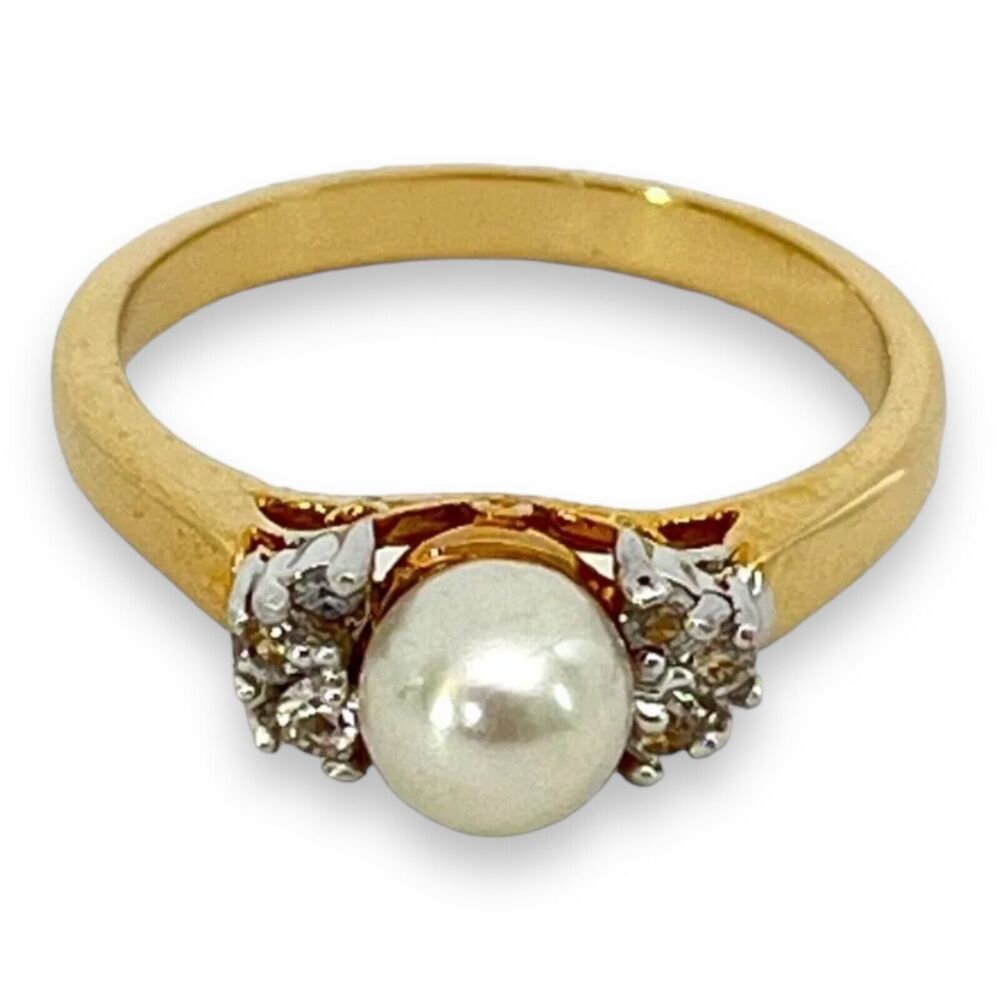 Vintage 1970s Ring Size 6 Simulated Pearl CZ Three Stone Gold Plated - 14M - Picture 11 of 15